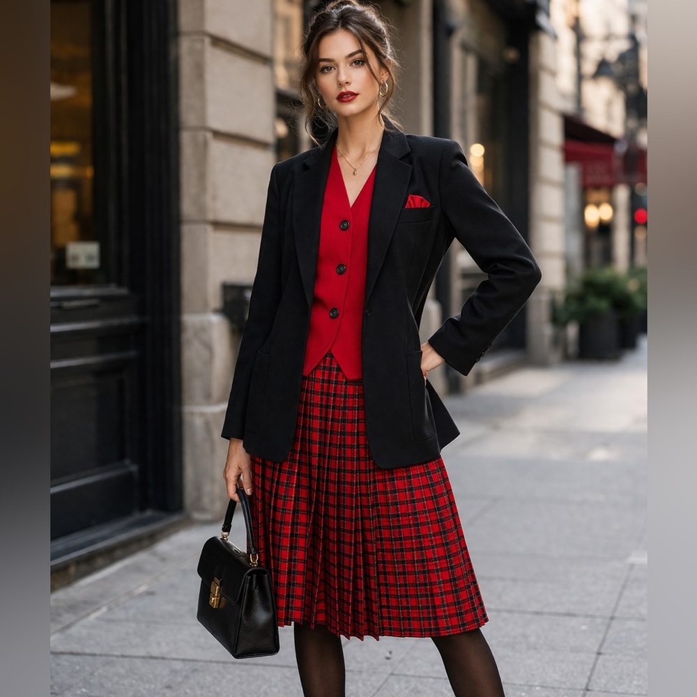 Vintage 80s Plaid Skirt Suit Set Red Black Power Suit Berg-Ray 10 Secretary Chic - Picture 2 of 11